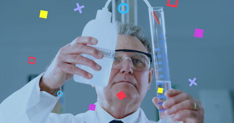 Holding reagent bottle and cylinder, scientist with lab coat, goggles in lab, with colored graphics