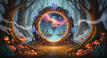 A fantasy forest scene with a magical, glowing portal made of twisting branches and crystals leading to another world
