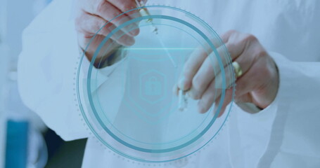 Holding two metal keys, senior scientist in lab coat presenting digital lock overlay in lab