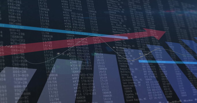 Displaying data dashboard on screen, featuring red and blue arrows, line graph and numeric columns - Powered by Adobe