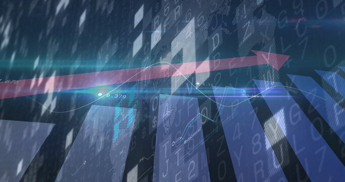 Streaming red upward arrow streaking across panels in dashboard, displaying codes, flares, graphs