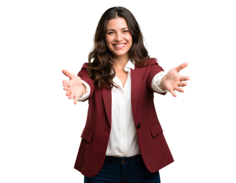 Confident woman in a maroon blazer and white blouse, smiling and gesturing warmly isolated on transparent background.
