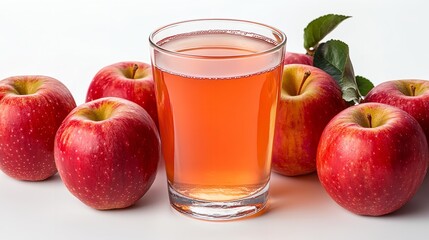 Imposed on White Screen: A Glass of Apple Juice Surrounded by Red Apples, Generative AI.