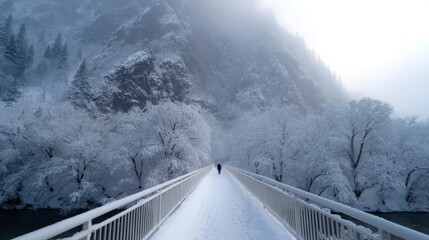 A serene winter landscape unfolds as a lone figure walks across a snowy bridge. The scene captures the stillness of winter and the beauty of nature. A moment of reflection in soft light. AI