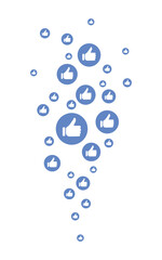 Blue thumbs up like icons arranged in a vertical stream on white background, social media approval positive feedback concept, flat design illustration, digital communication online networking symbol