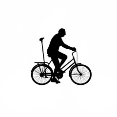Obraz premium Silhouette of an active elderly man riding a bicycle through a pedestrian area isolated on white background