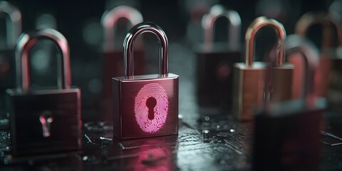 Advanced Biometric Security: Padlock with Glowing Red Fingerprint and Keyhole.