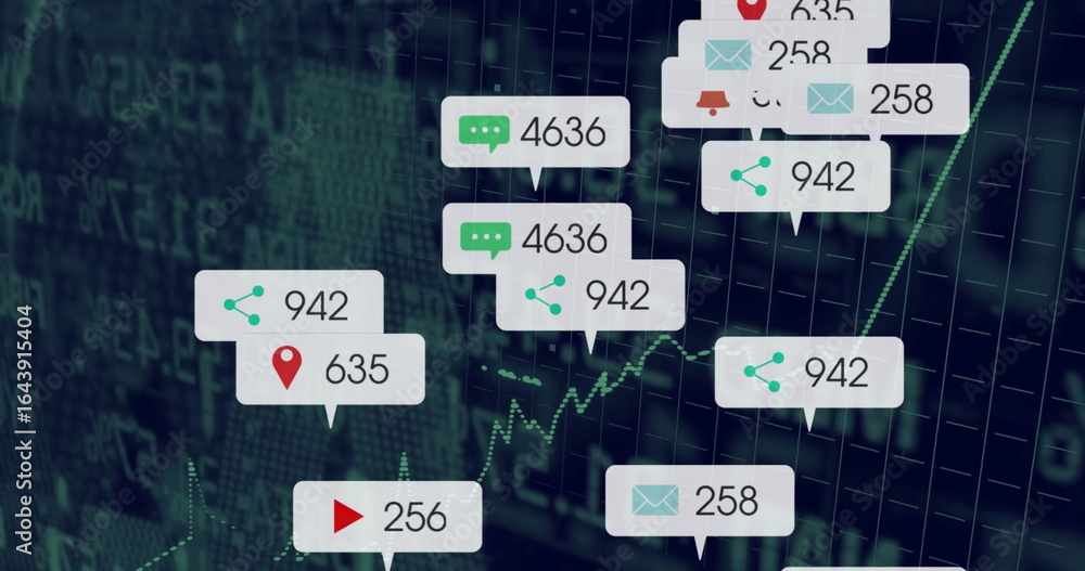 Poster displaying notification bubbles on dashboard, showing share chat location media email alert metrics
