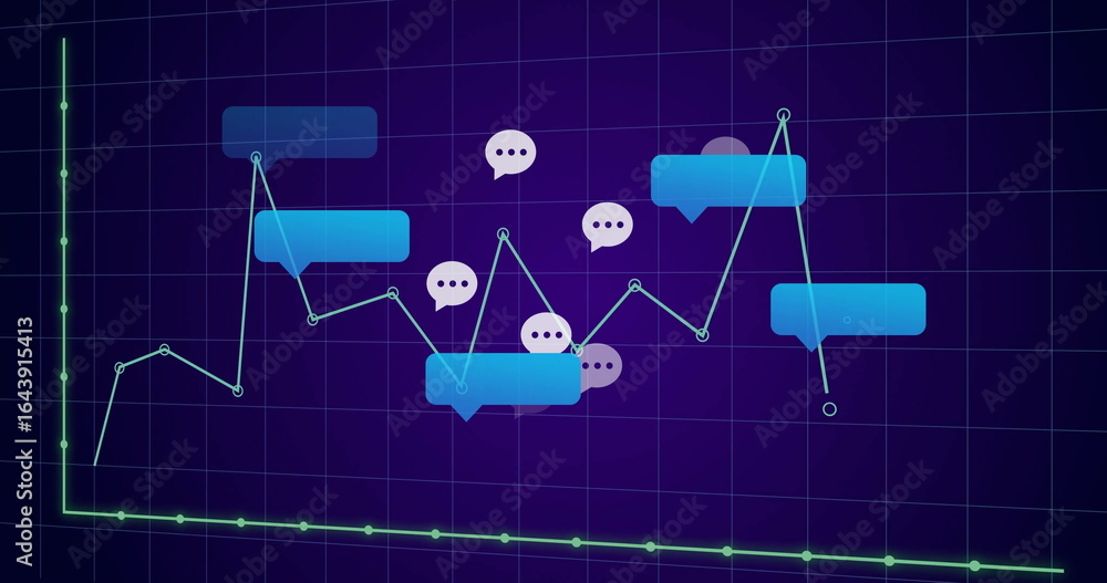 Poster displaying line graph moving through dark purple grid panel with neon green axes and chat bubbles