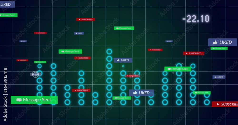 Poster showing social media metrics on dashboard, with turquoise bars, colored labels and numeric display