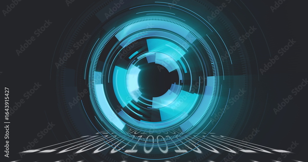 Poster pulsing circular digital interface projecting binary code stream on virtual plane, data display