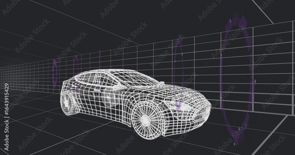 Poster displaying wireframe car model rotating above grid floor and walls, with purple portals and arrows