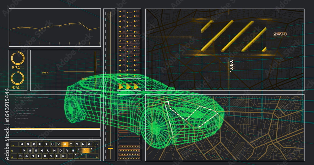 Poster displaying neon green 3d wireframe car model in dashboard interface, with line graph and bar charts