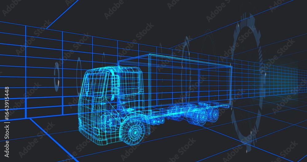 Aufkleber displaying 3d wireframe semi-truck model rotating in grid space, with grid lines and gear outlines