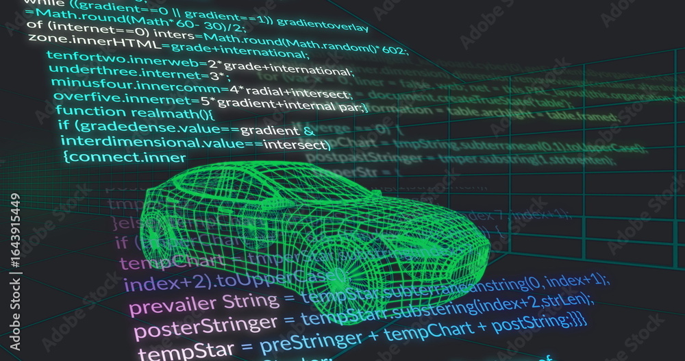Aufkleber green wireframe sports car model floating above grid lines in cad interface, with javascript code