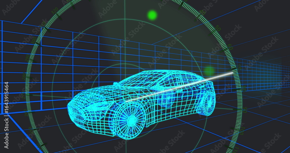 Poster displaying wireframe sedan car model scanning in 3d grid tunnel, with radar hud and tracking dots