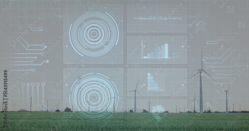 Poster displaying hud overlay monitoring wind turbine performance above rural green field, data charts