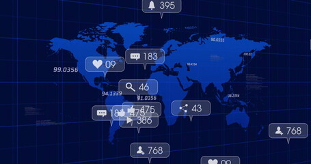 Displaying stylized world map with grid showing global metrics on dashboard, with social icons