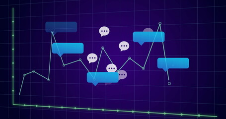 Displaying line graph moving through dark purple grid panel with neon green axes and chat bubbles