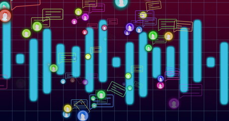 Displaying cyan bars forming waveform over purple grid interface, with neon chat bubbles and icons