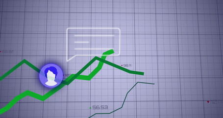 Showing green line climbing over dashboard, with blue avatar icon, chat bubble and numeric labels
