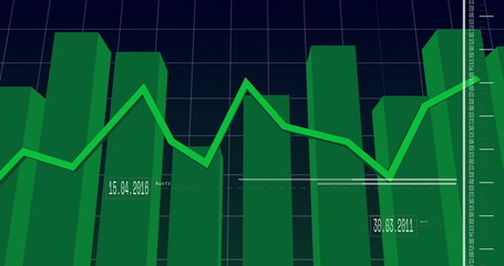 Displaying 3D green bars showing trend on dark blue grid background, with line graph, date labels