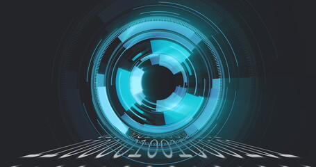 Pulsing circular digital interface projecting binary code stream on virtual plane, data display