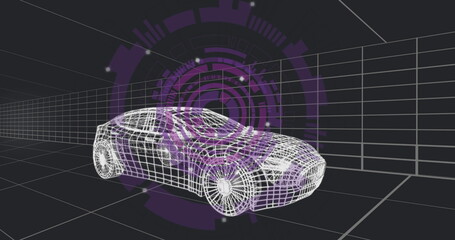Displaying white wireframe car model in 3D workspace, with perspective grid lines and purple HUD