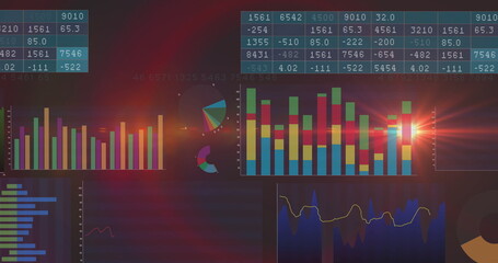 Displaying dashboard on dark screen, showing bar, pie, line charts and tables with red lens flare
