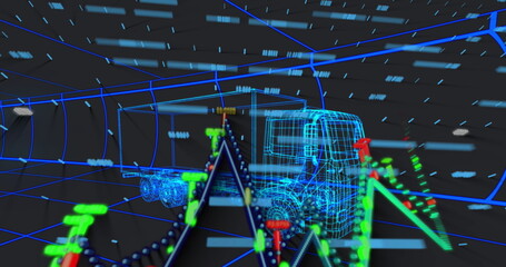 Moving wireframe semi-truck through grid tunnel, with waveform nodes, floating data bars, points