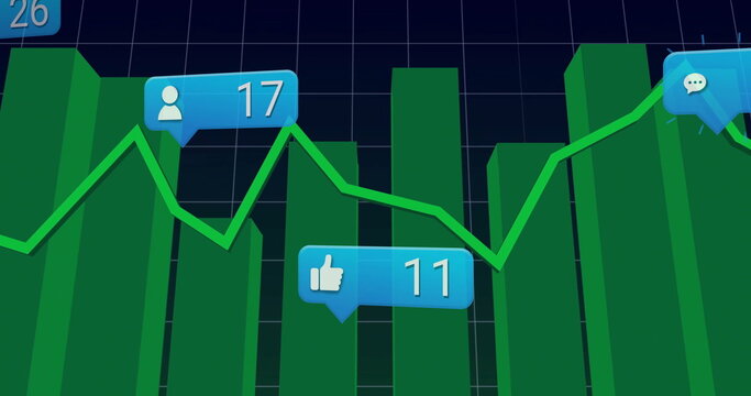 Displaying chart showing green bar columns with line graph on dashboard, with blue callout labels
