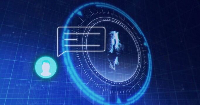 Showing circular HUD ring spinning over cyberspace, with abstract shape, chat bubble and avatar