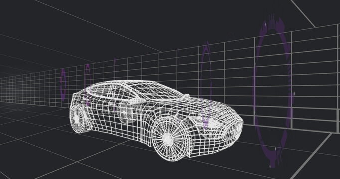 Displaying wireframe car model rotating above grid floor and walls, with purple portals and arrows