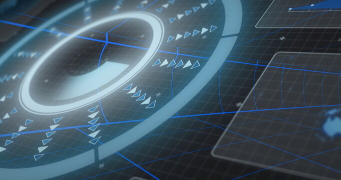 Displaying HUD projecting glowing ring segment on HUD system, with triangular pointers, grid, panel