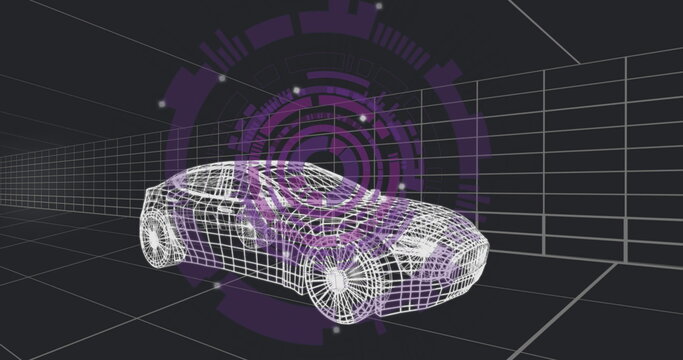 Fototapeta Displaying white wireframe car model in 3D workspace, with perspective grid lines and purple HUD
