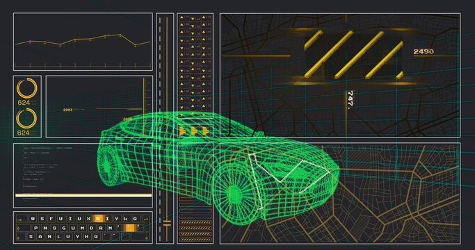 Displaying neon green 3D wireframe car model in dashboard interface, with line graph and bar charts