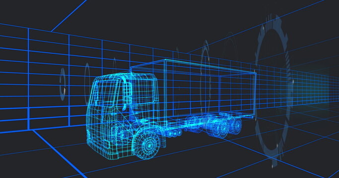 Fototapeta Displaying 3D wireframe semi-truck model rotating in grid space, with grid lines and gear outlines