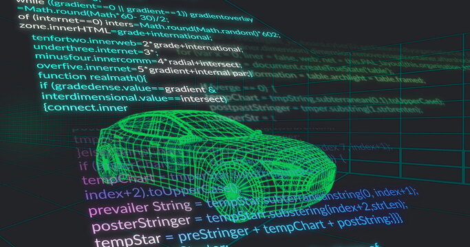 Green wireframe sports car model floating above grid lines in CAD interface, with JavaScript code