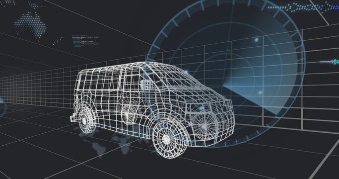 Rotating wireframe van model in 3D space, with grid floor, world map overlay and HUD elements