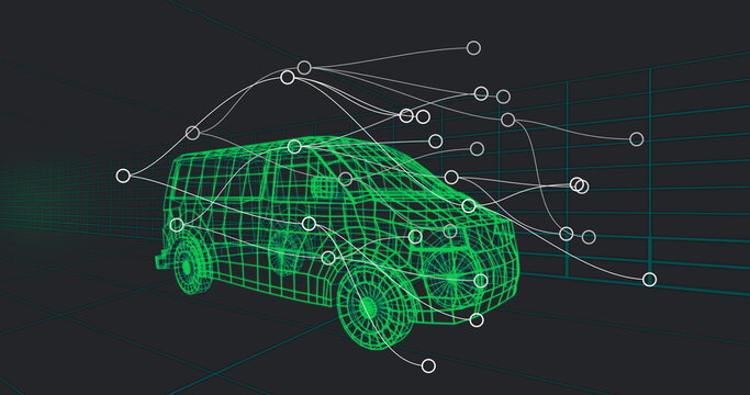 Green wireframe van model sitting in 3D grid floor and wall scene, with circular node connections
