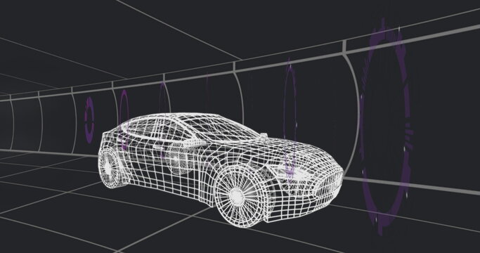 Displaying white wireframe sedan model on grid floor inside 3D tunnel, with purple glowing rings