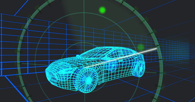 Displaying wireframe sedan car model scanning in 3D grid tunnel, with radar HUD and tracking dots
