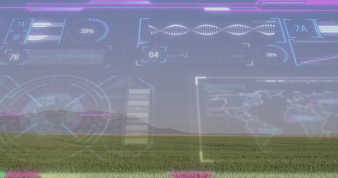 Displaying digital overlay spanning grassland to mountain horizon, with charts waveform graphs map