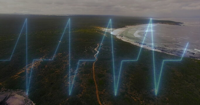 Fototapeta Spanning neon-blue ECG waveform overlaying coastal shrubland and winding track to sandy beach waves