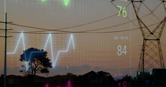 Overlaying ECG waveform showing readings and grid over steel tower, power lines at suburban dusk - Powered by Adobe