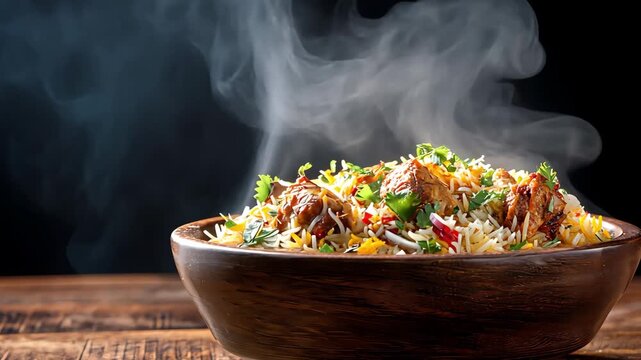 Delicious steaming hot mutton biryani served on a bowl with aromatic steam, Traditional Cuisine in 4K motion video.