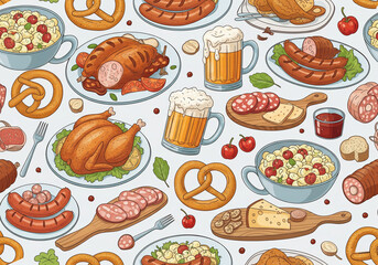 A seamless pattern illustration of traditional Bavarian Oktoberfest food like chicken, sausage, and pretzels.

