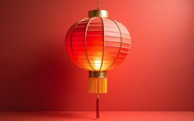 Glowing red paper lantern swinging golden tassel, symbolizing festive chinese cultural celebration against clean background. High quality