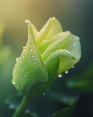 In-depth of Green Flower Petal with Drip of Water Captured in the Morning on Softly Blurred Scenery, Generative AI.