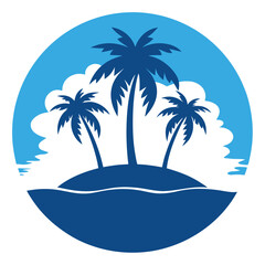 A tranquil tropical island beach with a lone palm tree silhouetted against a setting sun over the ocean